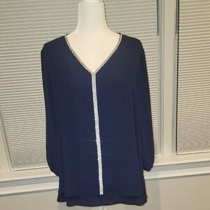 JM Collection Navy Blouse with Silver Trim